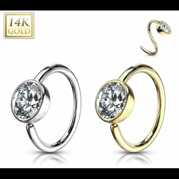 14kt Gold Nose Hoop with Diamond Ball Made With Real Gold - Picture 2 of 4